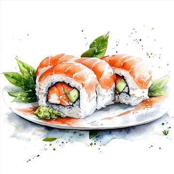 Sushi, whimsical watercolor vector illustration with vibrant highlights and delicate strokes, isolated on a white background.