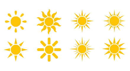 Bright and diverse set of yellow sun icons illustrating summer, heat, light, and weather conditions for various design applications © Mecklenburglaan