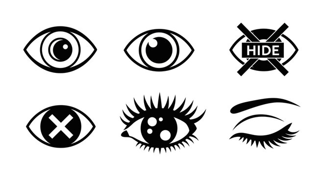 Set of eye icons with different functions such as visibility, hidden, and closed eye states, representing vision and privacy concepts