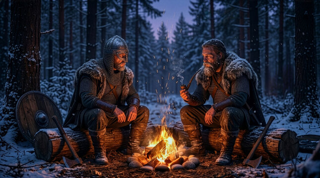 Fotorealistische Szene von zwei Wikingern am Lagerfeuer im verschneiten Winterwald bei D&auml;mmerung, nordischer K&auml;mpfer raucht eine Pfeife, cinematische Beleuchtung