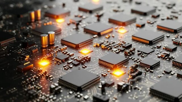 Closeup of a complex computer motherboard with glowing components