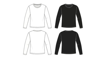 Naklejka premium Set of four long-sleeved t-shirts, two white and two black, shown front and back views, in a clean line art style on a white background