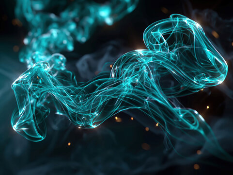 Blue stream flowing from upper left to center, wavy form, opaque with varying shades of light to dark blue, surrounded by smaller blue particles, dramatic lighting suggesting energy rel - AI-Generated