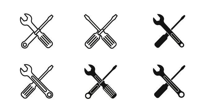 Set of cross wrench and screwdriver icons for repair and construction services in black and white
