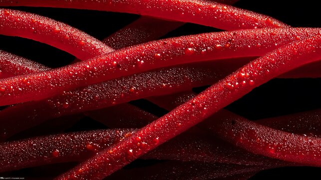 Close-up of vibrant red licorice candy strands, glistening with water droplets against black background