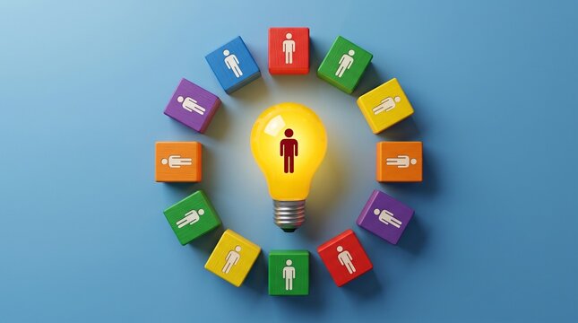 Creative teamwork and collaborative thinking concept with light bulb surrounded by diverse people blocks.