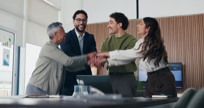 Business people, applause and happy for celebration at office, support or goal at finance company. Group, team and stack hands for success, motivation or excited for announcement at investment agency