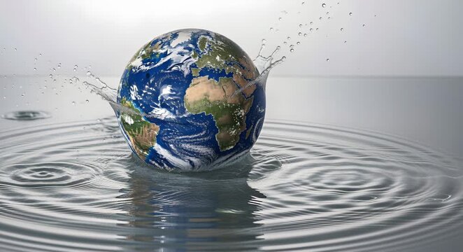 The planet Earth splashing into water for the concept of environmental conservation and climate change.