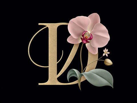 Metallic, refined serif calligraphy DV logo with pink orchid and golden sunflower decoration on a dark background Cinematic lighting creates depth and shadows - AI-Generated