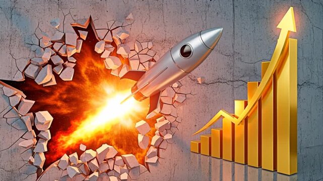 Rocket breaking through a wall with growth graph for the concept of Business startup and growth.