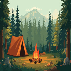 Beautiful vector illustration of a cozy camping tent and bonfire in a lush green pine forest © Yasmeen