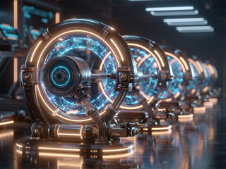 Fototapeta premium Futuristic gym with AI-controlled resistance machines powered by energy fields, glowing magnetic systems, reflective floors, minimal cyber aesthetic, high-tech machinery, intricate desi - AI-Generated
