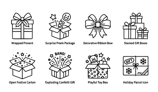 Minimal holiday gift line art vector set with prank boxes and festive package icons
