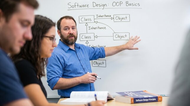 A teacher explaining software design concepts on a whiteboard in a classroom setting for education and technology.