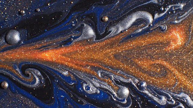 Abstract fluid art with gold and silver paint on dark background