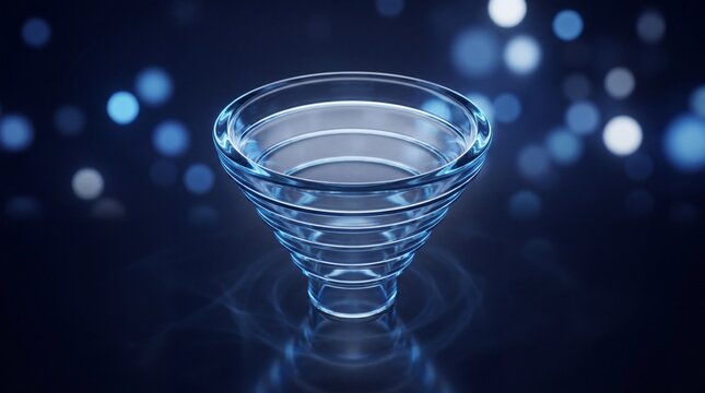 A conceptual glass funnel design glowing against a dark blue background with soft bokeh lights, representing filtration, processing, and data analysis.