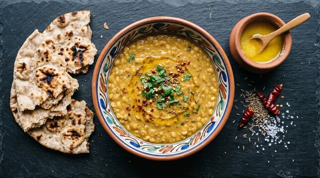 Overhead flat lay of a wholesome yellow lentil dal, served with warm flatbread, clarified butter, dried chilies, and sea salt on a dark slate