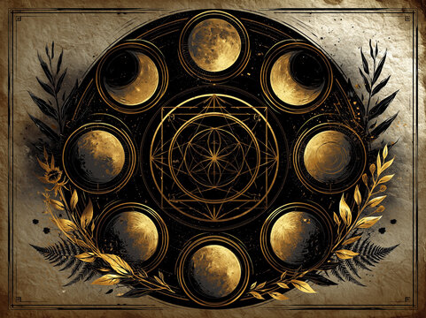 Ten moon phase illustrations, vintage engraving style, golden aesthetic, sacred geometry, aged parchment texture, grimoire witch vibe, botanical accents, isolated clipart, transparent b - AI-Generated
