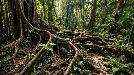 Obraz premium Deep within a vibrant tropical rainforest, a captivating display of ancient tree roots intertwines across the lush, verdant jungle floor, illuminated by filtered sunlight