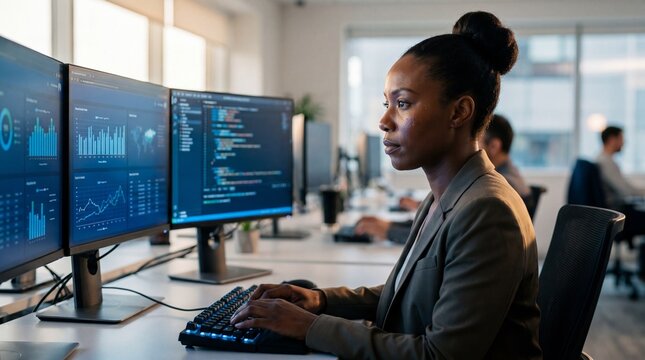 A professional African American woman works at her desk, coding and analyzing data dashboards on multiple monitors in a modern office environment.