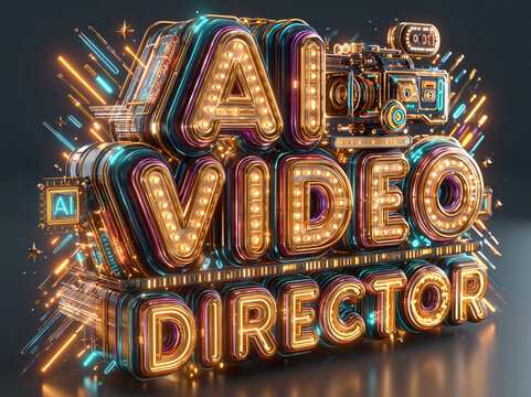 Futuristic AI Video Director graphic, neon watercolor style, 3D lettering, film camera, timeline, AI frames, light streaks, volumetric glow, rich in neon colors, dynamic background, int - AI-Generated