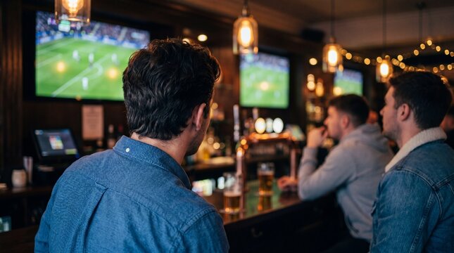 A group of young men sitting at a bar counter, drinking beer and watching a live football match on television screens in a cozy pub environment.
