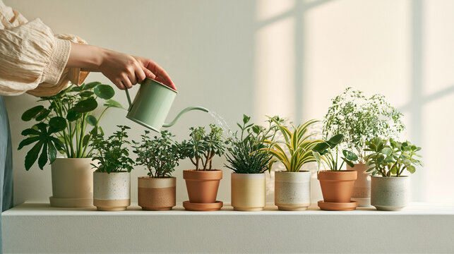 室内で鉢植えに水やりをする女性の手元