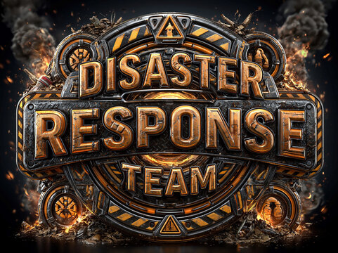 Striking Disaster Response Team logo, styled as a badge, featuring hazard stripes, rescue icons, and debris motifs The design is balanced, with explosive or fiery bursts on either side - AI-Generated