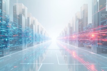 Fototapeta premium Futuristic digital city street with glowing data streams and virtual skyscrapers