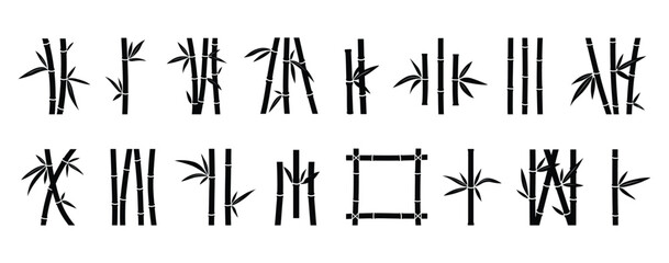 Bamboo plant vector icons. Zen Asian tree stalk and leaves silhouette signs set. Nature icon pack © EMON