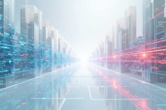 Futuristic digital city street with glowing data streams and virtual skyscrapers