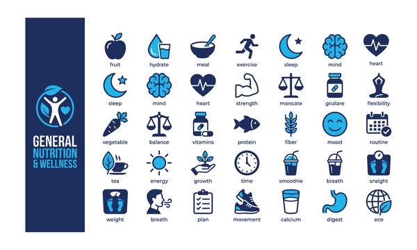 Healthy lifestyle vector icons set for general nutrition, fitness, diet planning, mental wellness, and healthcare lifestyle microstock infographic design