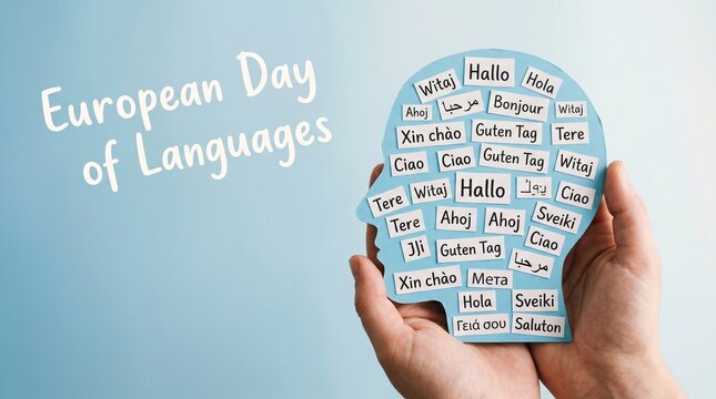 European Day of Languages concept, hands holding head silhouette with multilingual greetings, international communication and linguistic diversity