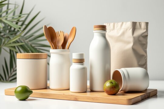 Minimalist Ceramic Kitchen Storage Jars and Wooden Utensils on Cutting Board