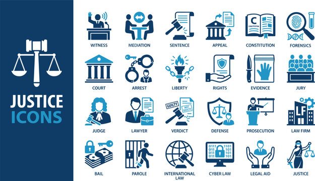 Professional law and justice icon set featuring legal symbols like judge court jury evidence and lawyer vectors for stock design