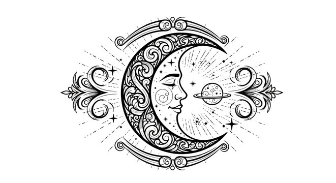 Detailed Ornate Crescent Moon with Sleeping Face, Stars, and Ringed Planet - Mystical Celestial Bohemian Design Element