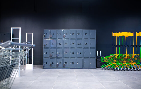 Storage Lockers and Shopping Carts in Supermarket