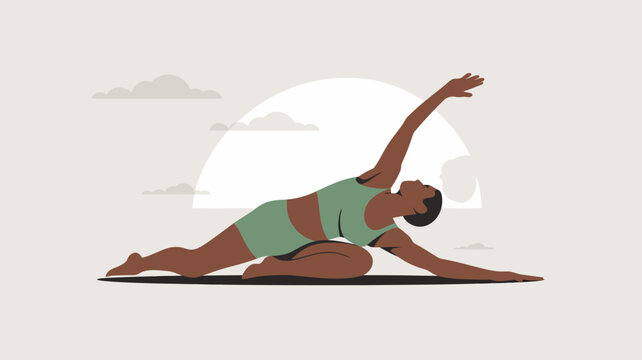 Person doing yoga stretch on floor with one arm raised