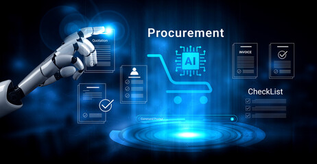 Naklejka premium A robotic hand points towards a digital procurement interface showcasing AI integration along with checklists and invoices, representing future technology in business processes. Cyphers