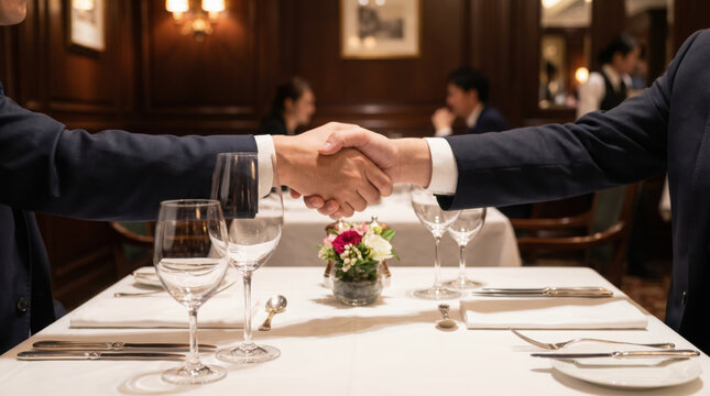 Professional executive networking dinner showcases handshake between two individuals, symbolizing collaboration and connection in refined setting