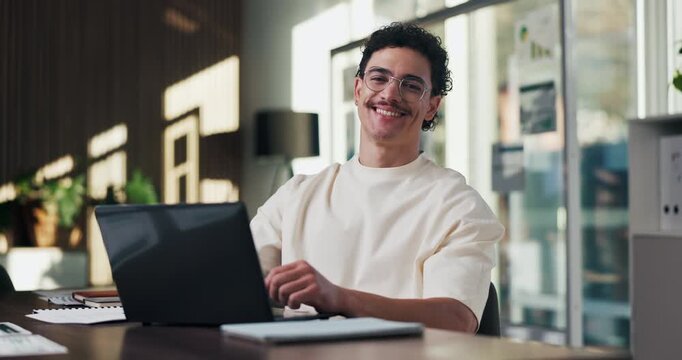 Laughing, face and businessman with laptop in office, digital marketing or happy for project on web. Business, paid media specialist and person with smile for campaign, typing and research with tech