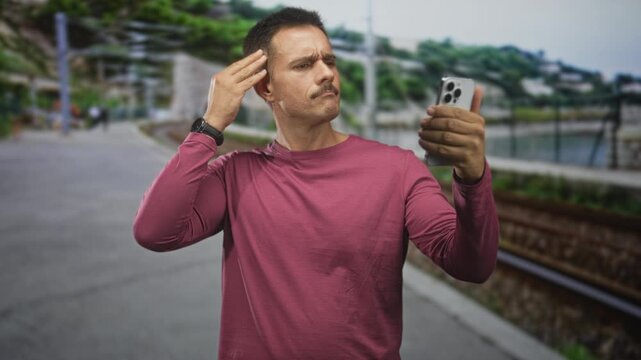 Man with mustache holding smartphone taking a selfie while making a fist pump on a street beside train tracks and waterfront; confidence.