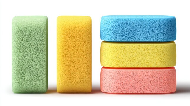 Set of household cleaning sponges isolated against a white background for banner design purposes.