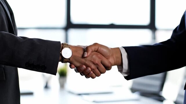 Two business professionals in formal attire engage in a firm handshake, signifying trust and agreement as they finalize a prosperous venture in a bright and airy office environment, fostering