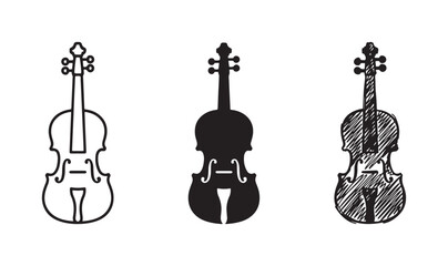 Set of violin icons showcasing three visual styles: clear line art, solid silhouette, and artistic hand-drawn sketch © Ірина Гринюк