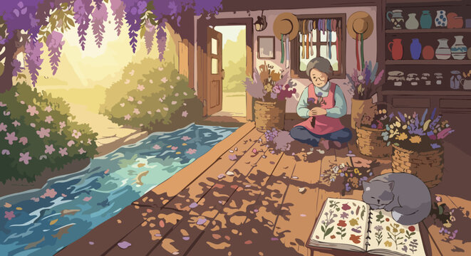 Woman arranging flowers in a sunlit workshop with a stream outside.