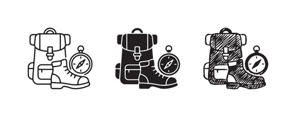 Outdoor adventure icons set with backpack, hiking boot, and compass in outline, solid, and hand-drawn styles, perfect for travel themes. © Ірина Гринюк