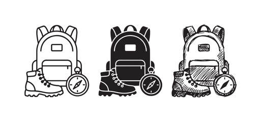 Backpack, hiking boot, and compass icons set in outline, solid, and hand-drawn styles for outdoor adventure and travel themes. © Ірина Гринюк