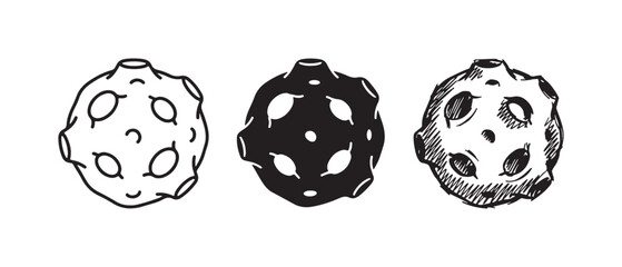 Playful asteroid or meteor icons with a facial expression and craters, in outline, solid fill, and artistic hand-drawn styles. © Ірина Гринюк