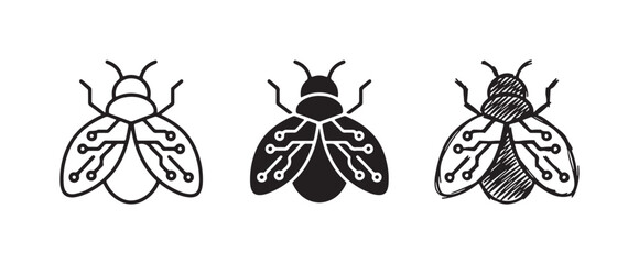 Digital Fly Computer Bug Icon Set with Circuit Board Wings in Line Art, Silhouette, and Scribble Sketch Styles © Ірина Гринюк